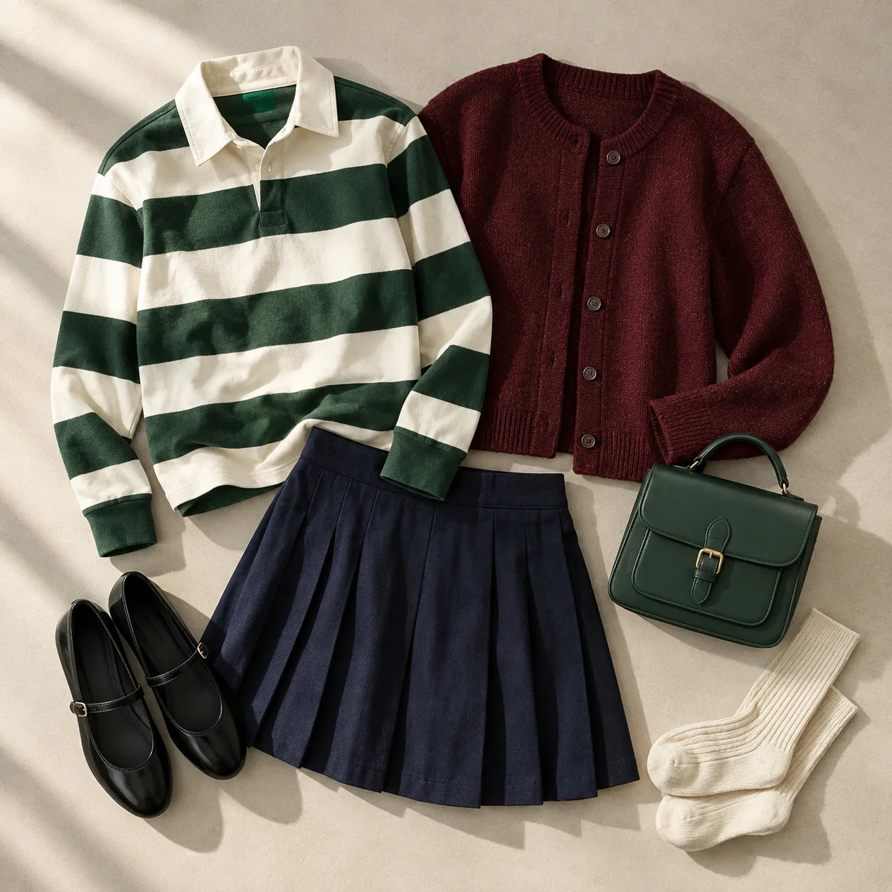 City collegiate wardrobe details arranged on a cream surface