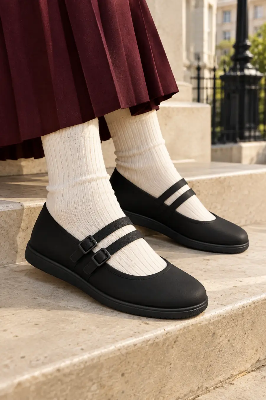 Black double-strap Mary Jane flats styled with ribbed socks