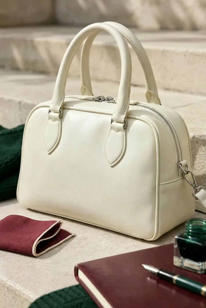 Cream Bowling Bag, cream: compact cream bowling bag with short handles and minimal hardware