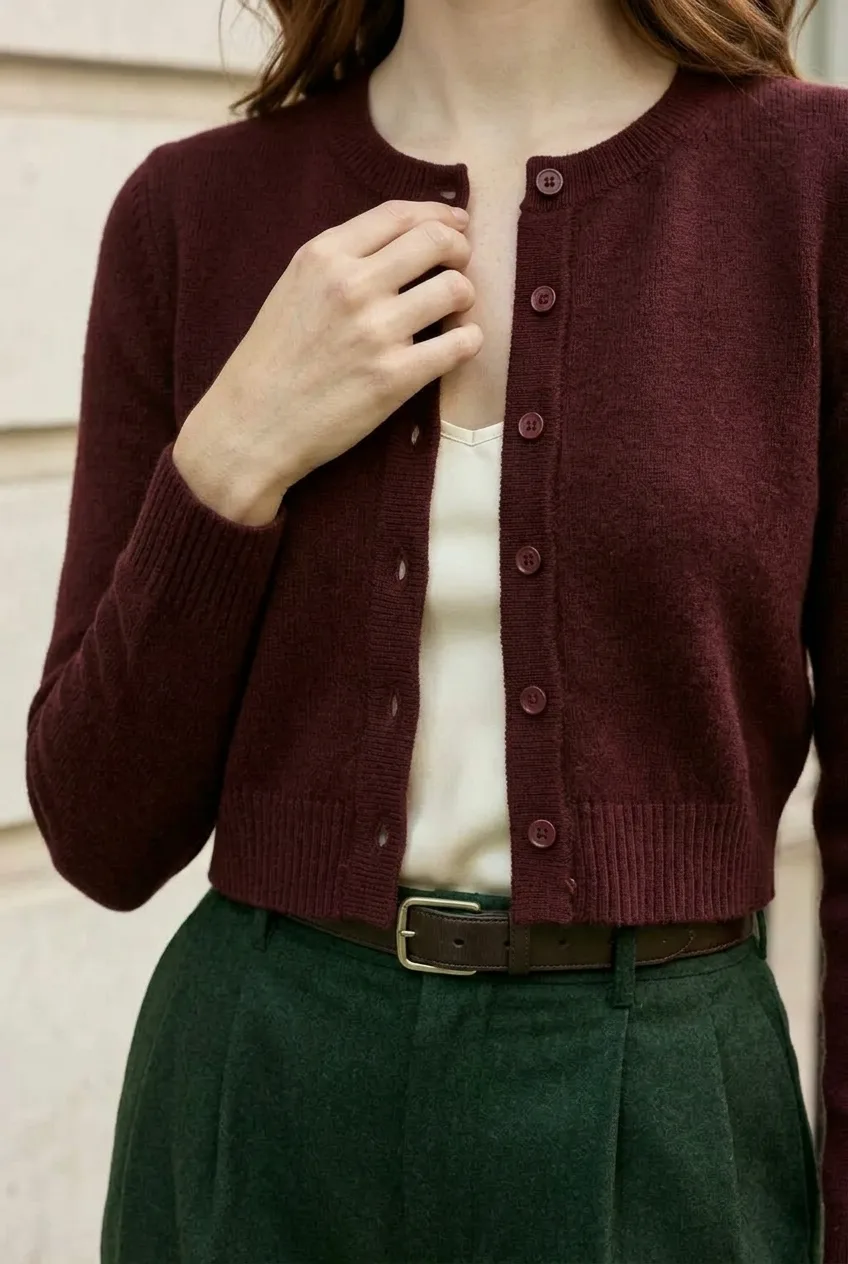 Claret Cropped Cardigan, claret: fine-gauge burgundy cropped cardigan with plain buttons and ribbed hem