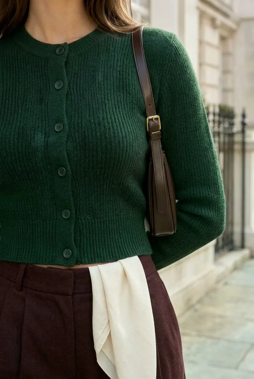 Pine Cropped Cardigan, pine: forest-green cropped cardigan with subtle ribbing and clean front buttons