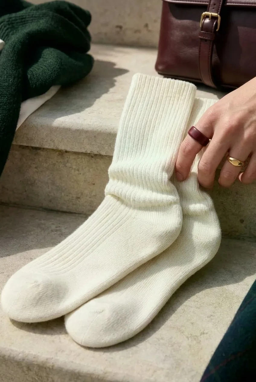 Ivory Ribbed Crew Socks, ivory: ivory ribbed crew socks with no logo, gently gathered at ankle