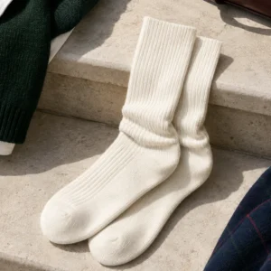 Ivory Ribbed Crew Socks, ivory: ivory ribbed crew socks with no logo, gently gathered at ankle
