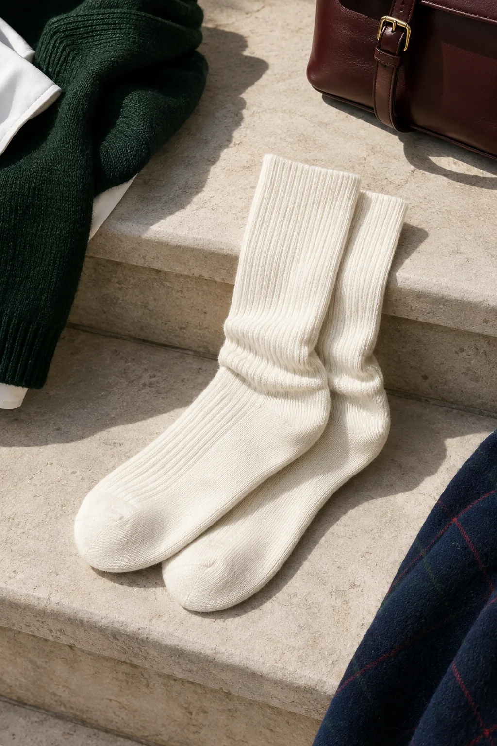 Ivory Ribbed Crew Socks, ivory: ivory ribbed crew socks with no logo, gently gathered at ankle