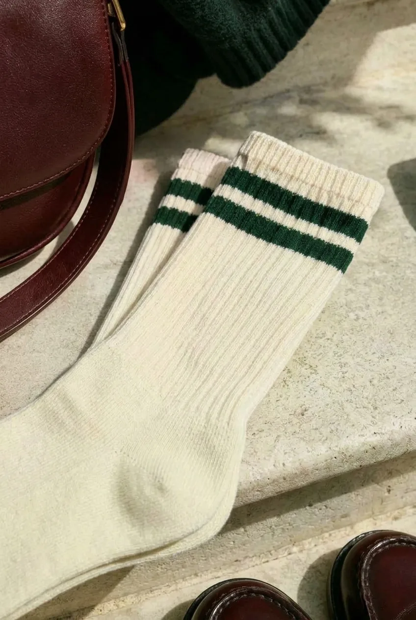 Pine Stripe Crew Socks, cream / pine: cream crew socks with pine horizontal top stripes and no logo