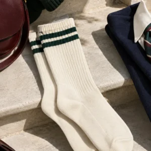 Pine Stripe Crew Socks, cream / pine: cream crew socks with pine horizontal top stripes and no logo