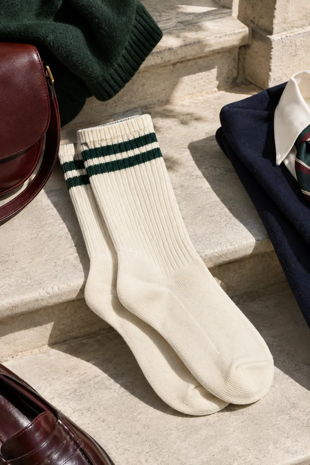 Pine Stripe Crew Socks, cream / pine: cream crew socks with pine horizontal top stripes and no logo