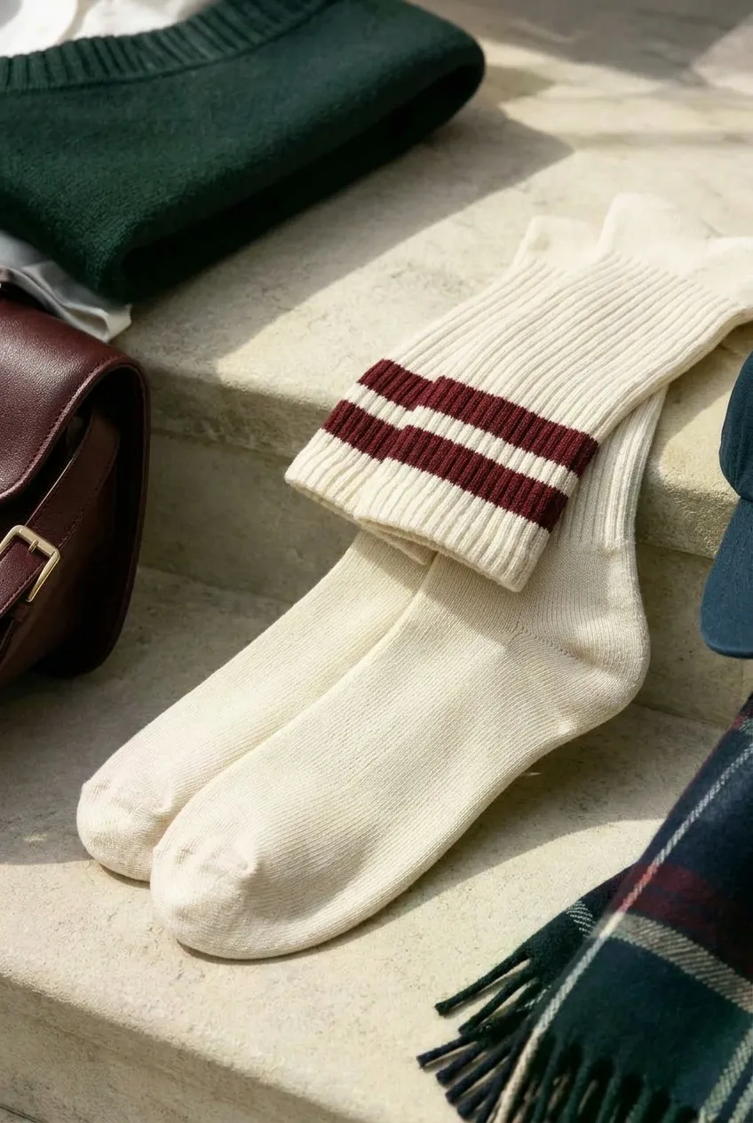 Oxblood Stripe Crew Socks, cream / oxblood: cream crew socks with oxblood horizontal top stripes and no logo
