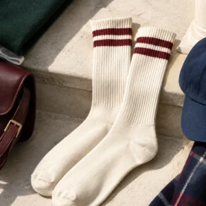Oxblood Stripe Crew Socks, cream / oxblood: cream crew socks with oxblood horizontal top stripes and no logo