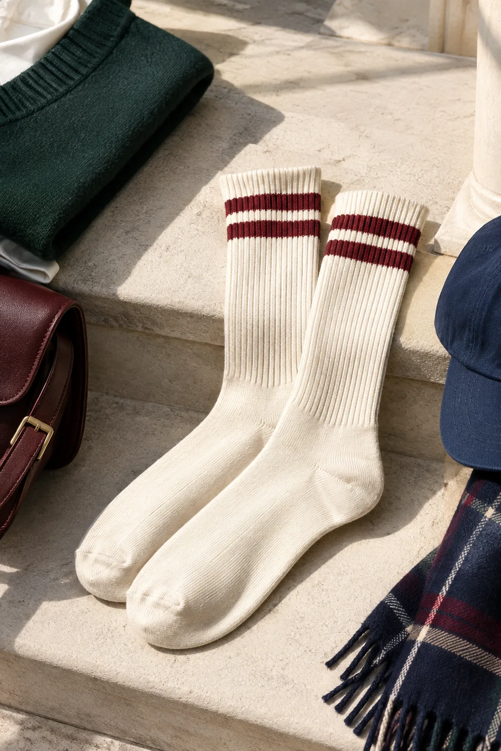 Oxblood Stripe Crew Socks, cream / oxblood: cream crew socks with oxblood horizontal top stripes and no logo