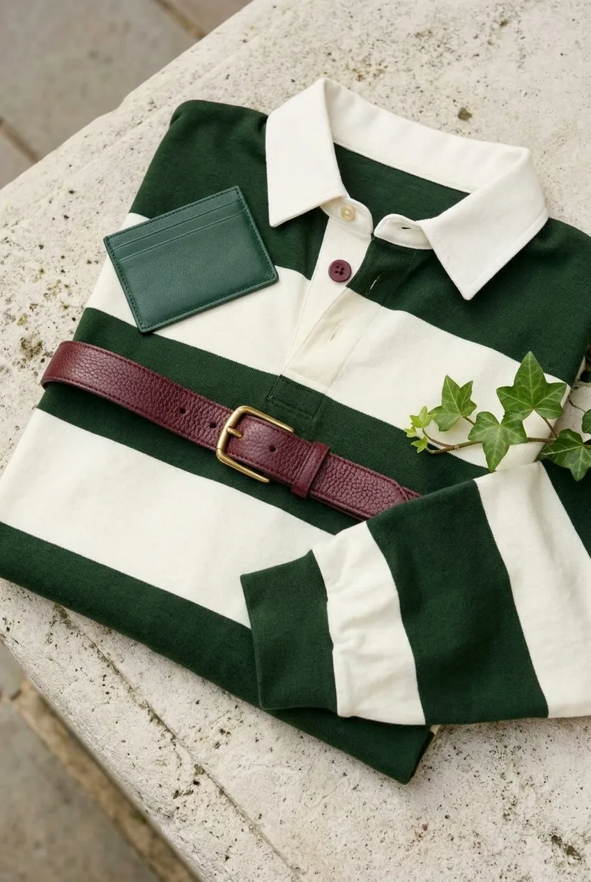 Pine & Ivory Rugby Top, forest green / ivory: wide forest-green and ivory horizontal bands, relaxed long sleeves, plain ivory collar