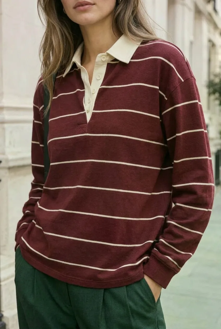 Oxblood Line Rugby Top, oxblood / cream: oxblood body with narrow cream horizontal striping, button placket, loose fit