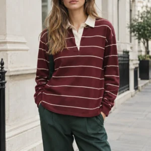 Oxblood Line Rugby Top, oxblood / cream: oxblood body with narrow cream horizontal striping, button placket, loose fit