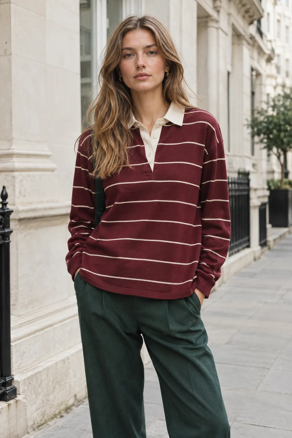Oxblood Line Rugby Top, oxblood / cream: oxblood body with narrow cream horizontal striping, button placket, loose fit