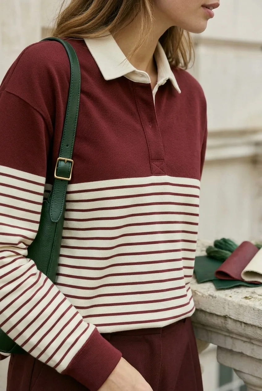 Claret Half-Stripe Top, claret / ivory: claret upper panel, fine ivory lower striping, long sleeve rugby-inspired shape
