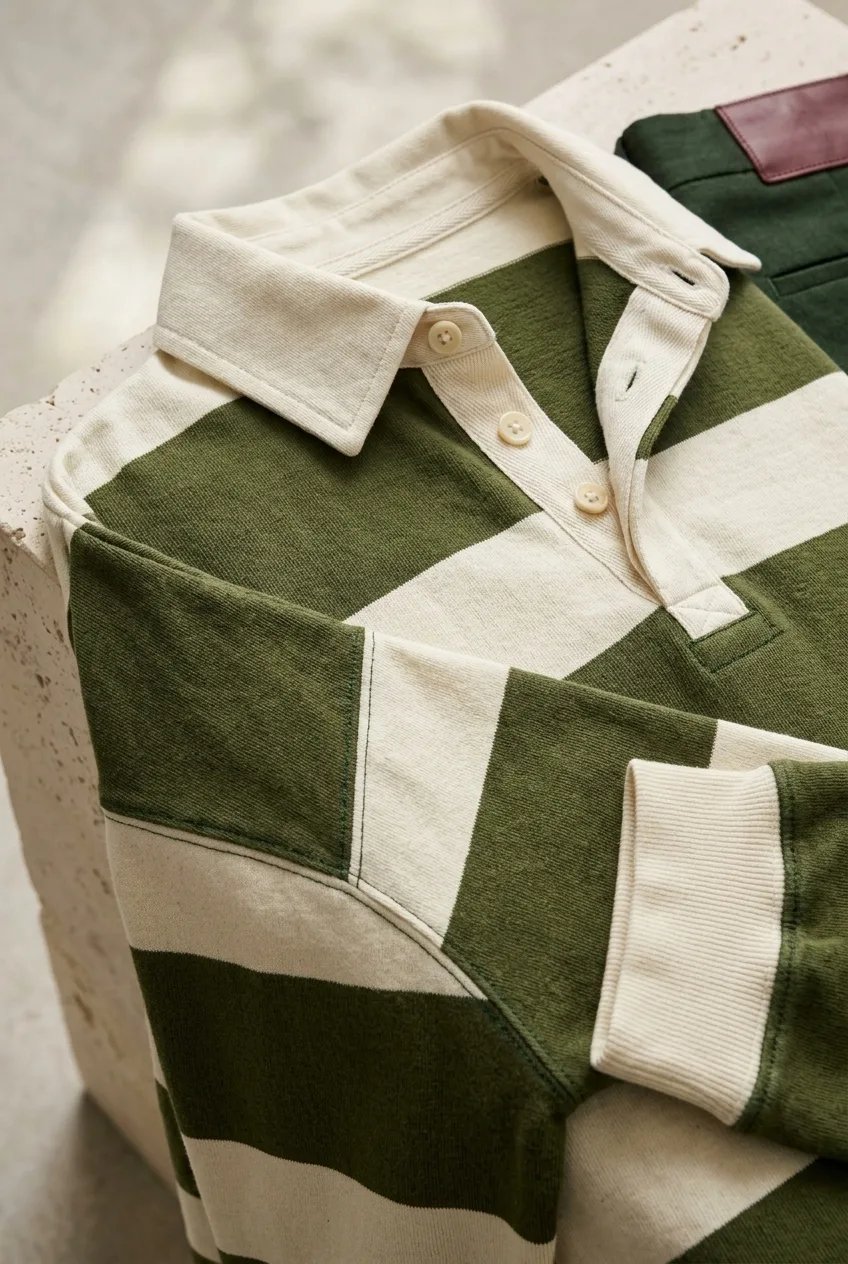Moss Weekend Rugby Top, moss / parchment: moss green and parchment stripes, dropped shoulders, button neck
