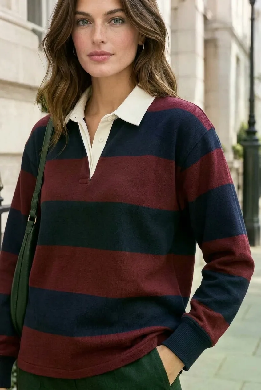 Ink Contrast Rugby Top, ink / oxblood: ink navy and oxblood block stripes with plain pale collar