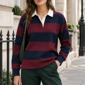 Ink Contrast Rugby Top, ink / oxblood: ink navy and oxblood block stripes with plain pale collar