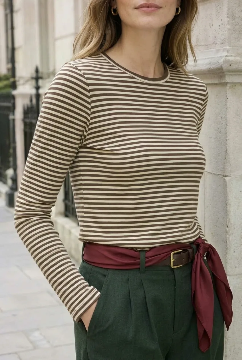 Cocoa Stripe Long Sleeve, cocoa / cream: cream and cocoa fine horizontal striped long sleeve with simple round neck