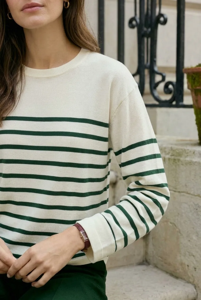 Pine Border Long Sleeve, ivory / pine: ivory body with pine border stripes and relaxed long sleeves