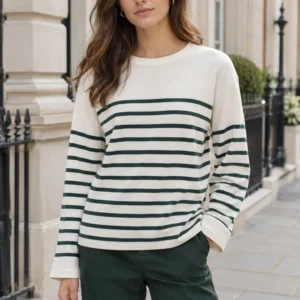 Pine Border Long Sleeve, ivory / pine: ivory body with pine border stripes and relaxed long sleeves