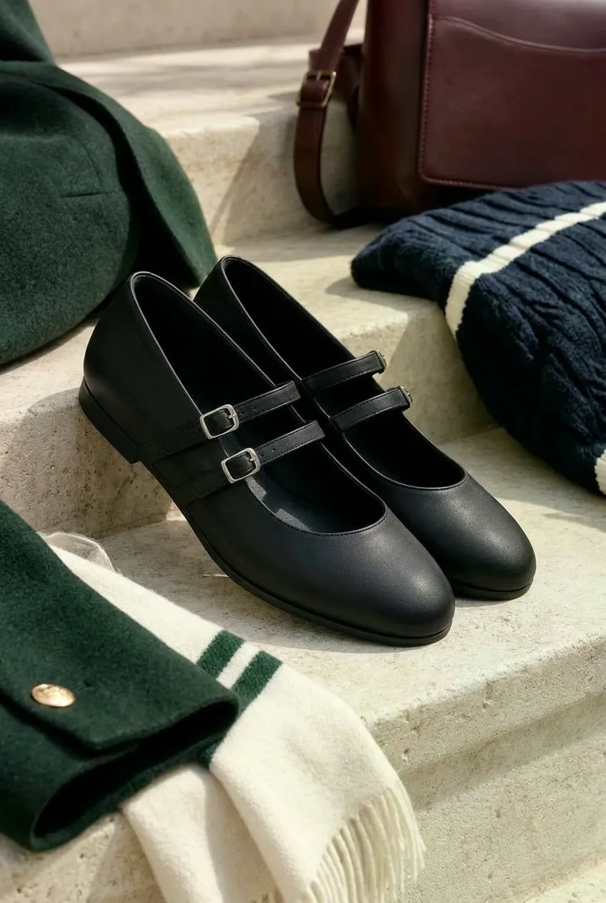 Ink Double-Strap Mary Janes, ink black: black matte upper, double buckle strap, rounded toe and low flat heel