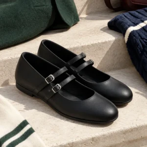 Ink Double-Strap Mary Janes, ink black: black matte synthetic upper, double buckle strap, rounded toe and low flat heel
