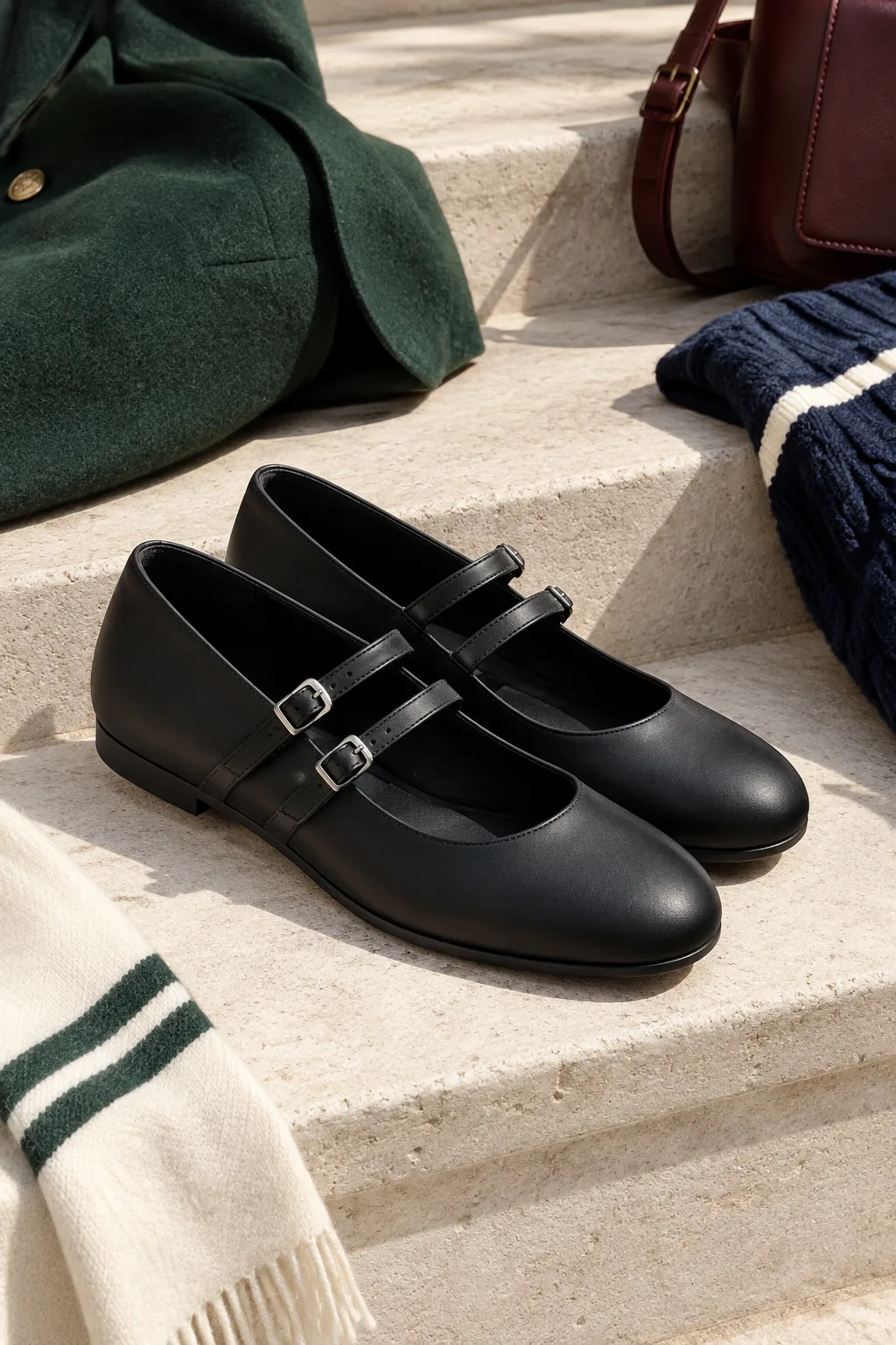 Ink Double-Strap Mary Janes, ink black: black matte upper, double buckle strap, rounded toe and low flat heel