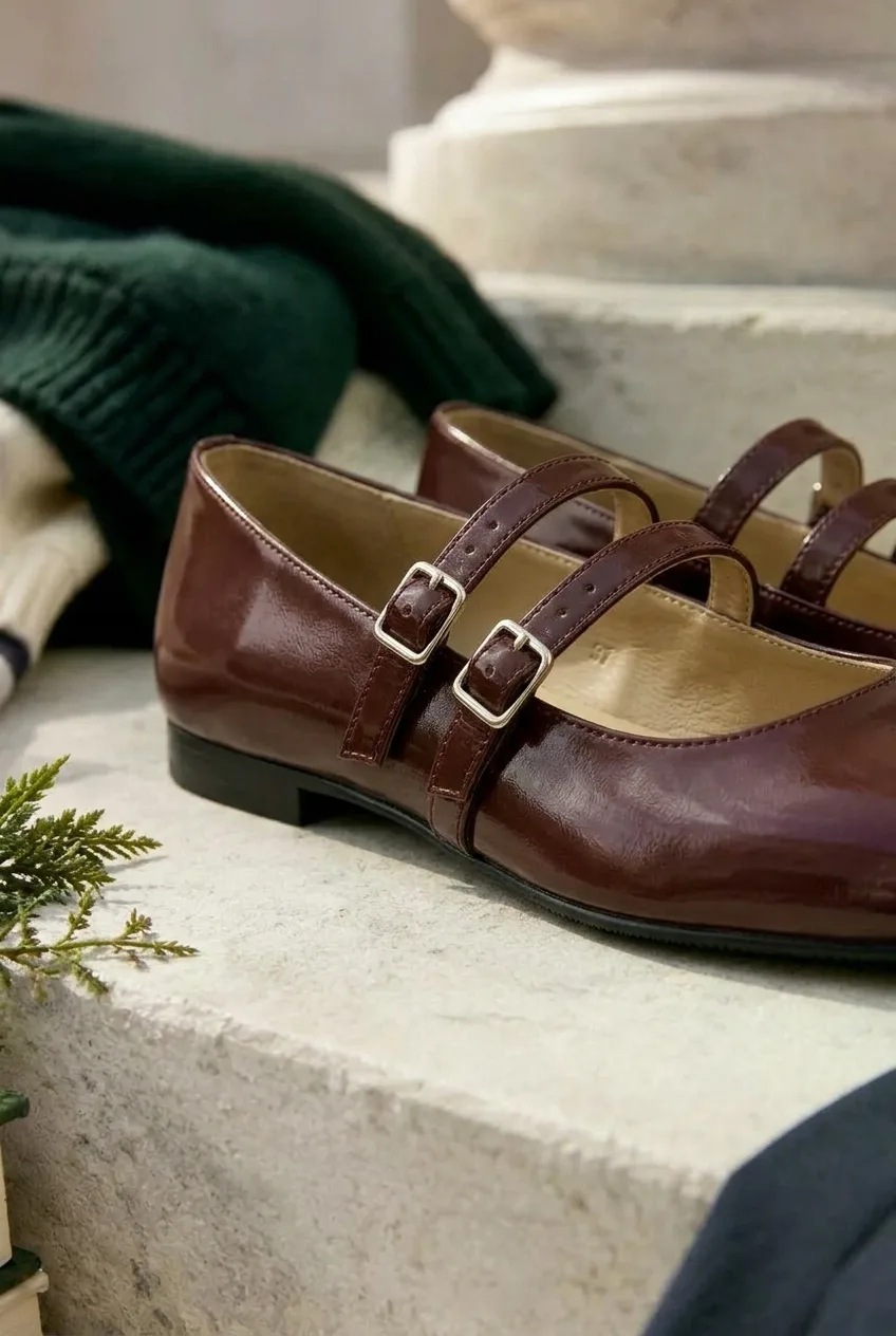 Oxblood Double-Strap Mary Janes, oxblood: oxblood upper, double buckle strap, rounded toe and low flat heel