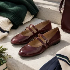 Oxblood Double-Strap Mary Janes, oxblood: oxblood upper, double buckle strap, rounded toe and low flat heel