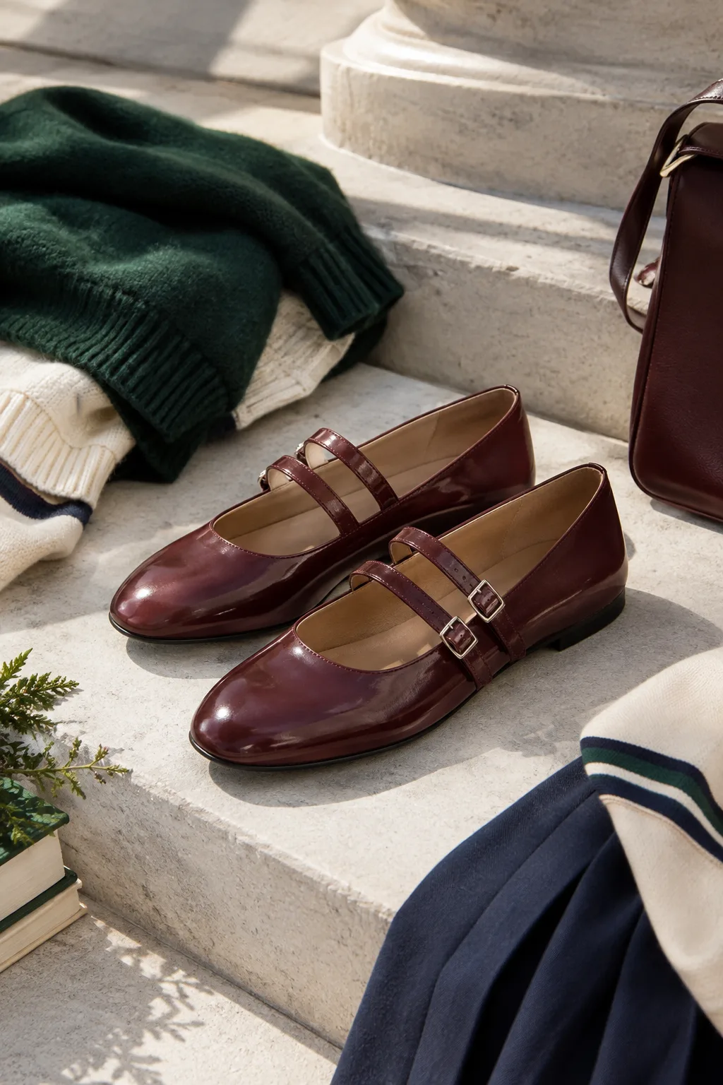 Oxblood Double-Strap Mary Janes, oxblood: oxblood upper, double buckle strap, rounded toe and low flat heel
