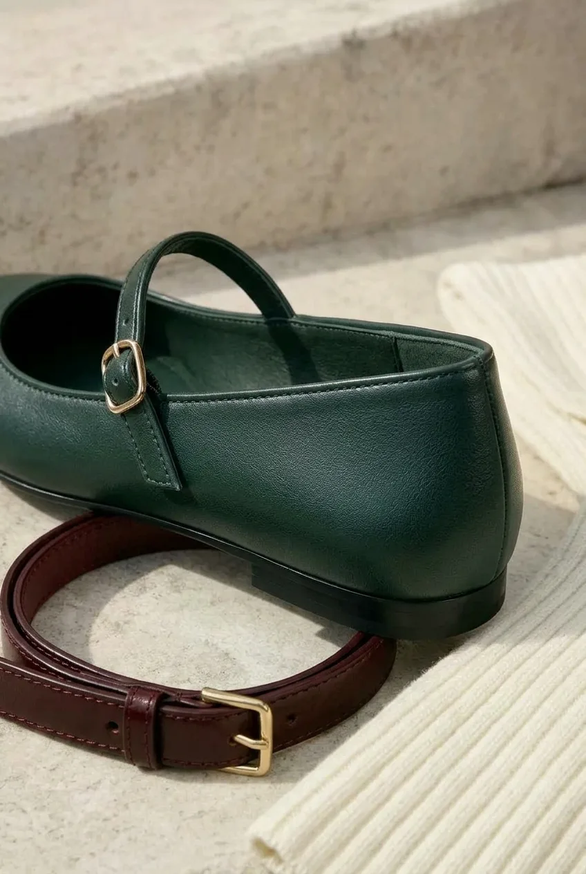 Pine Single-Strap Mary Janes, deep pine: deep green upper, single strap, rounded toe and low flat heel