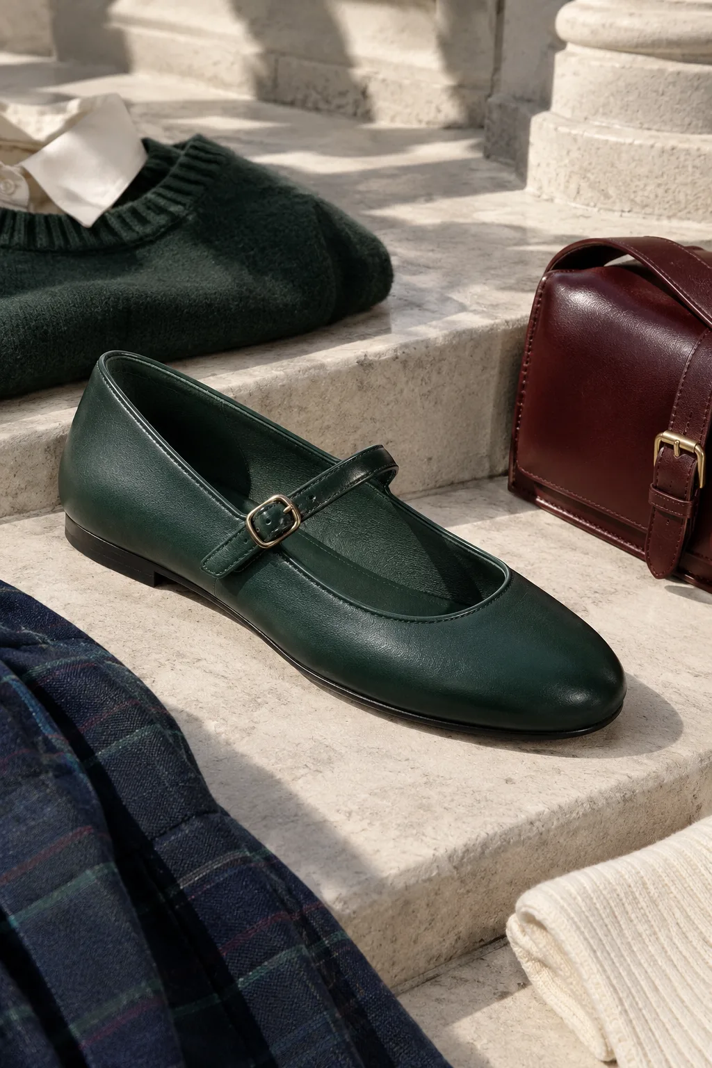 Pine Single-Strap Mary Janes, deep pine: deep green upper, single strap, rounded toe and low flat heel