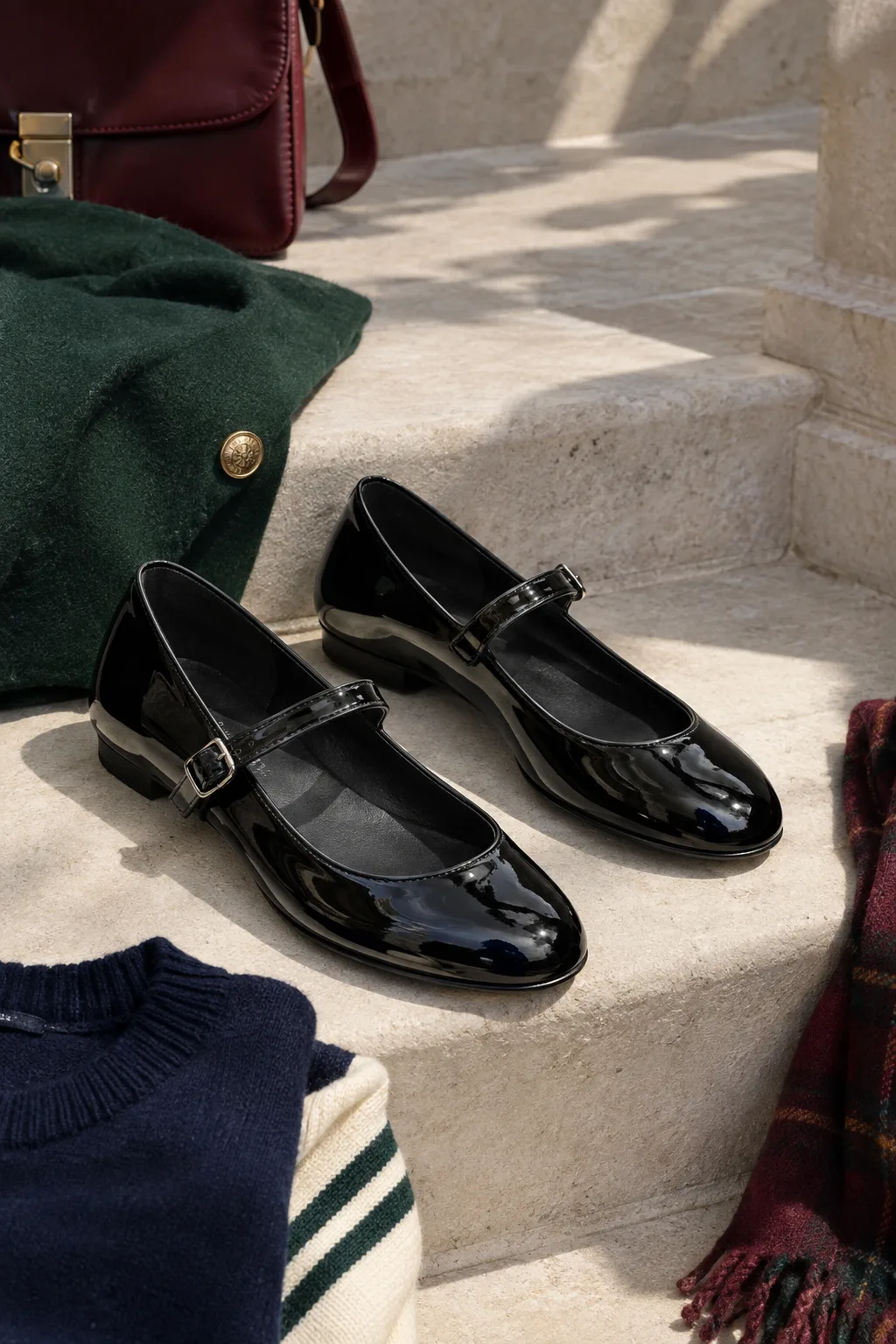 Gloss Black Mary Janes, gloss black: black glossy upper, single strap, rounded toe and low flat heel