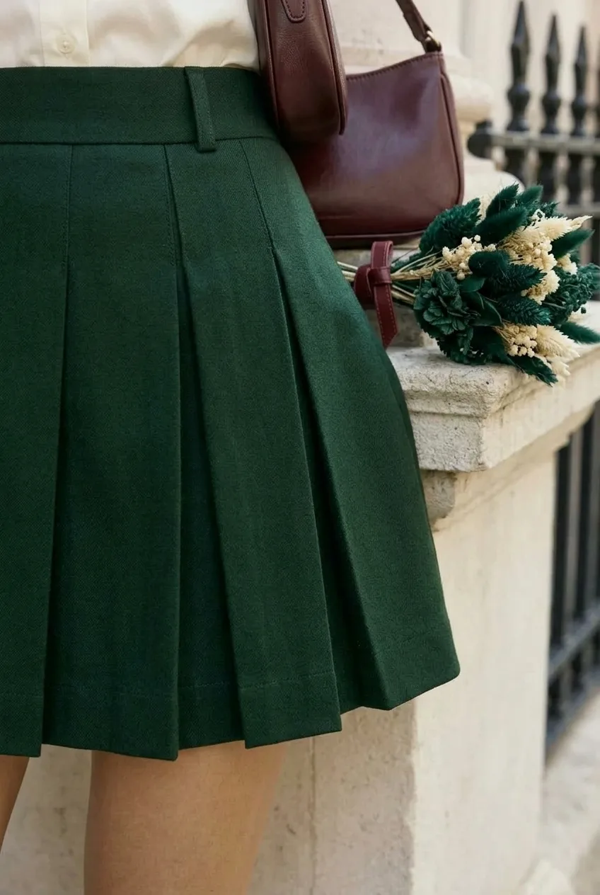 Pine Box-Pleat Mini, forest green: forest green box pleats and tailored waistband