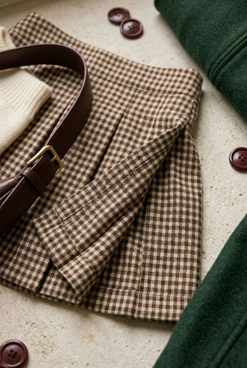 Chestnut Check Mini, chestnut check: small-scale chestnut and cream check with wide pleats, no insignia